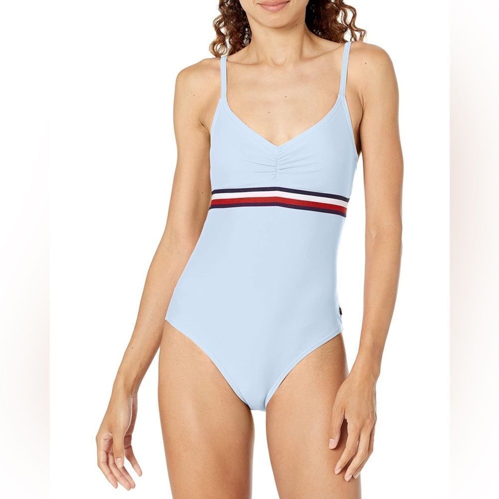 Tommy Hilfiger Women's Open Back Over the Shoulder Straps One Piece NWT Chambray
